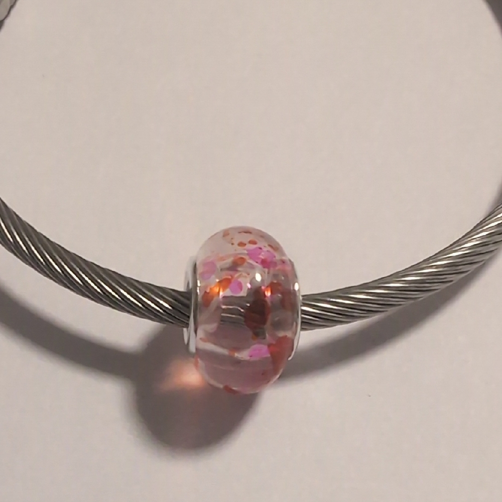 Silver Translucent Pink Speckled Orange‎ Pink Charm for Pandora Style Bracelet